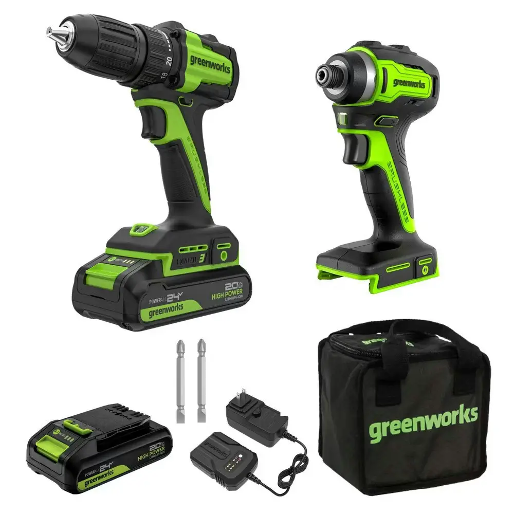Greenworks Powerall 24V Cordless Brushless Drill/Impact Driver w/ 2 Batteries