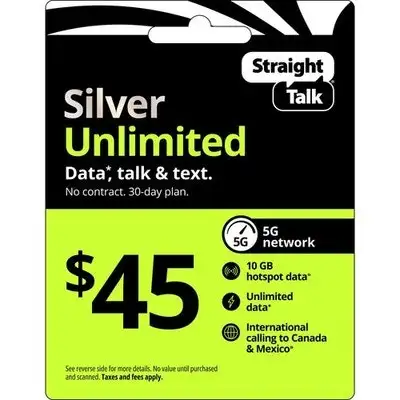 Straight Talk $45 Silver Unlimited 30-Day Prepaid Plan w/ 10GB Hotspot Data