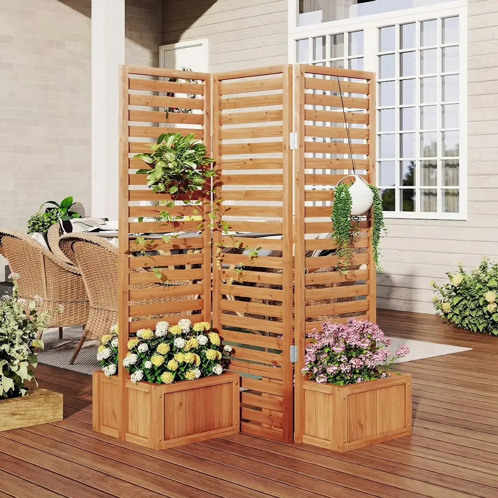Costway 3-Panel Privacy Screen w/ 2 Self-Draining Planter Boxes
