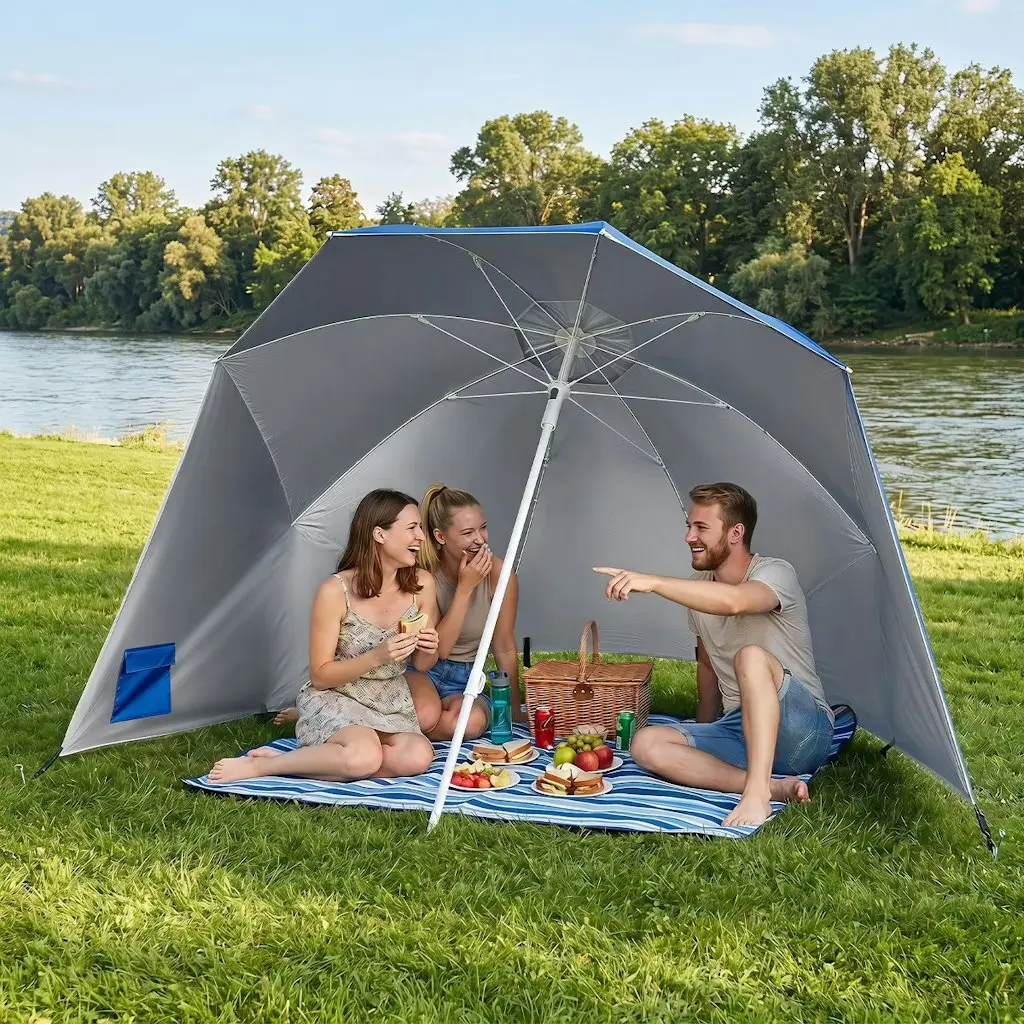 Costway 2-in-1 Beach Shelter Umbrella w/ 2 Side Panels & Sand Anchor