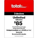 Total by Verizon 3 Devices 30-Day Prepaid Plan - Unlimited Talk/Text, 60GB Data, 10GB Hotspot Per Device
