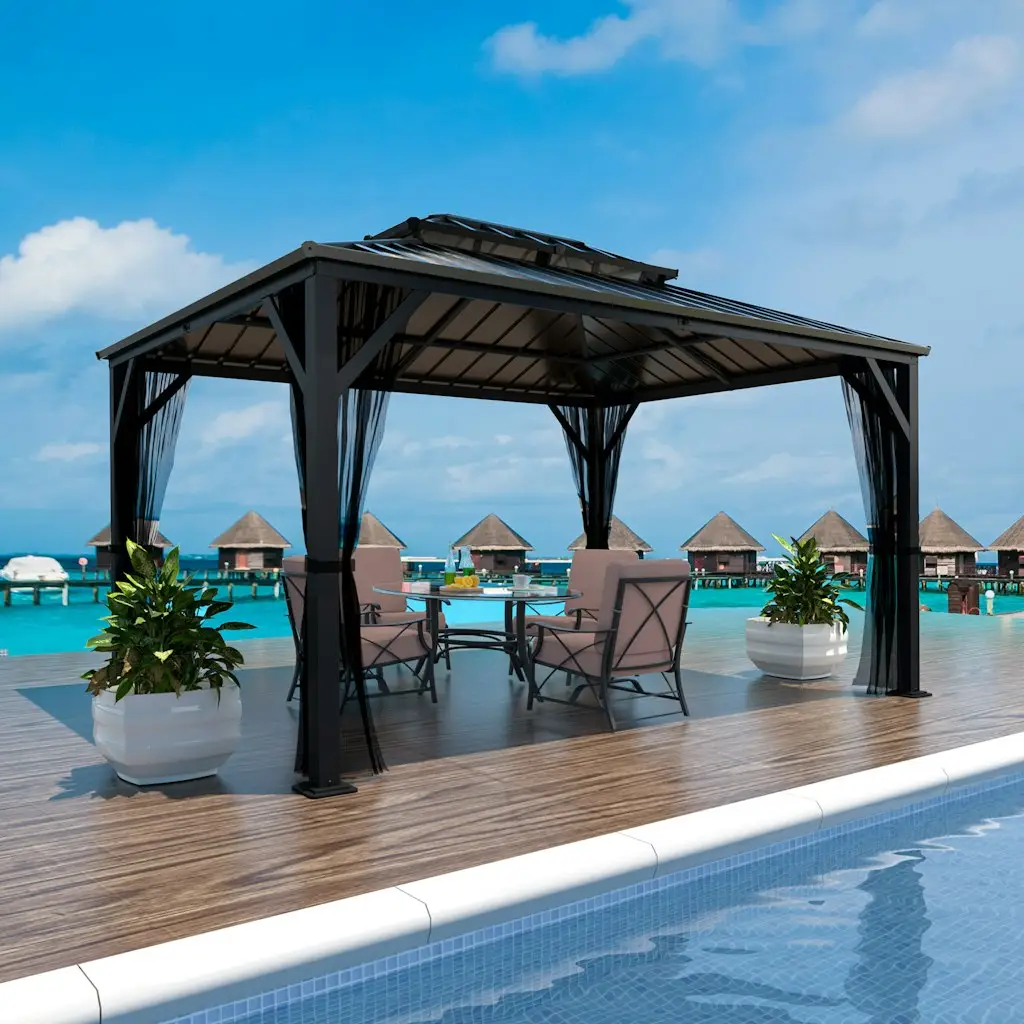 Veikous 10x12-Foot Black Rectangle Gazebo w/ Hardtop Steel Roof