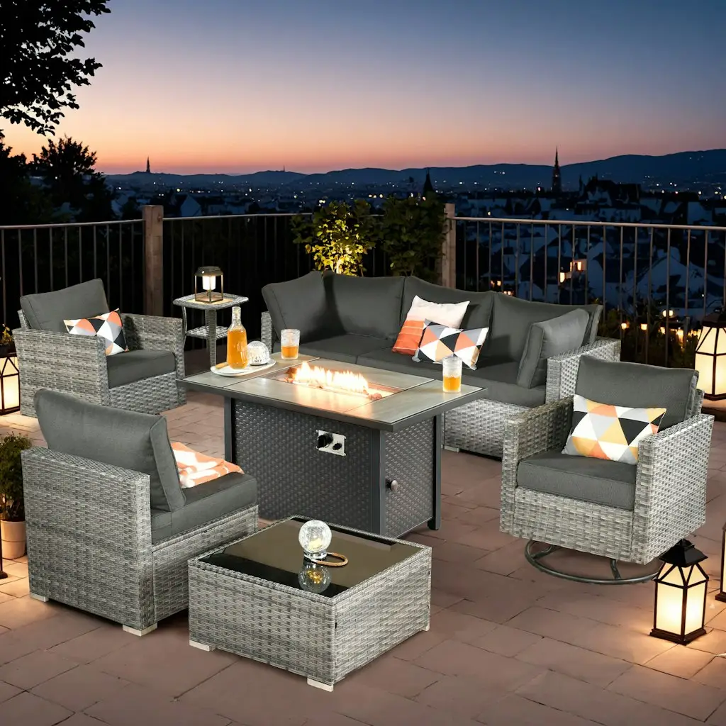 Toject 9-Piece Wicker Outdoor Patio Conversation Sofa Sectional Set w/ 42" Metal Fire Pit & Black Cushions