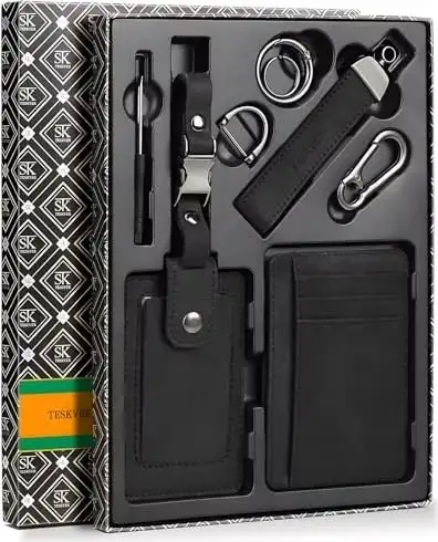 Teskyer Men's Leather Wallet, Luggage Tag, and Keychain Gift Set