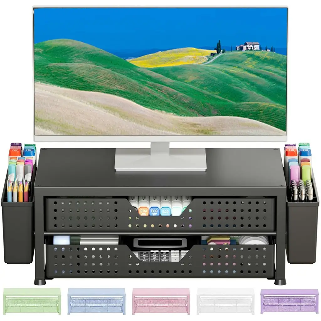 2-Tier Monitor Stand Riser w/ Drawer & Pen Holders Desk Organizer