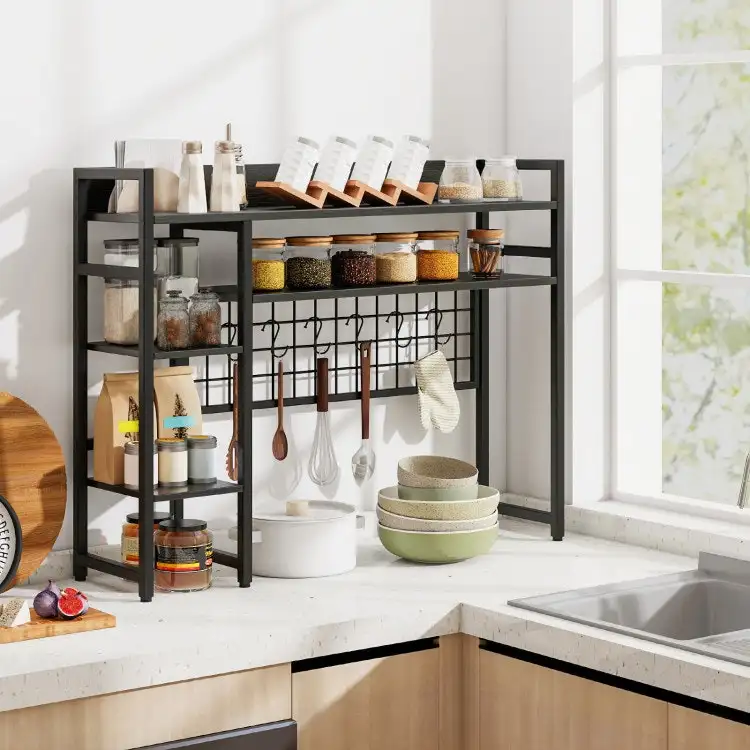 Costway 4-Tier Desk Shelf Desktop Display Rack w/ Metal Grid Panel & 6 Hooks
