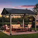 Aoodor 10 x 12 ft Wooden Frame Gazebo with Galvanized Metal Hardtop Roof