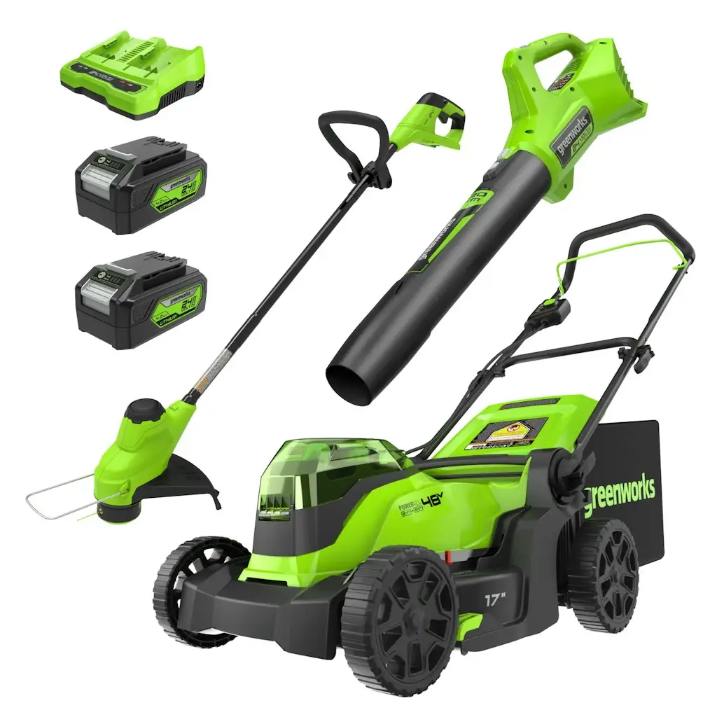 Greenworks 24-Volt Cordless String Trimmer, Leaf Blower, & Lawn Mower Combo