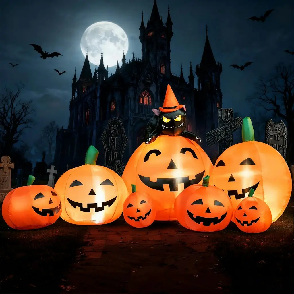 Joyfy 7-Foot Pumpkin w/ Witch's Cat Halloween Inflatable