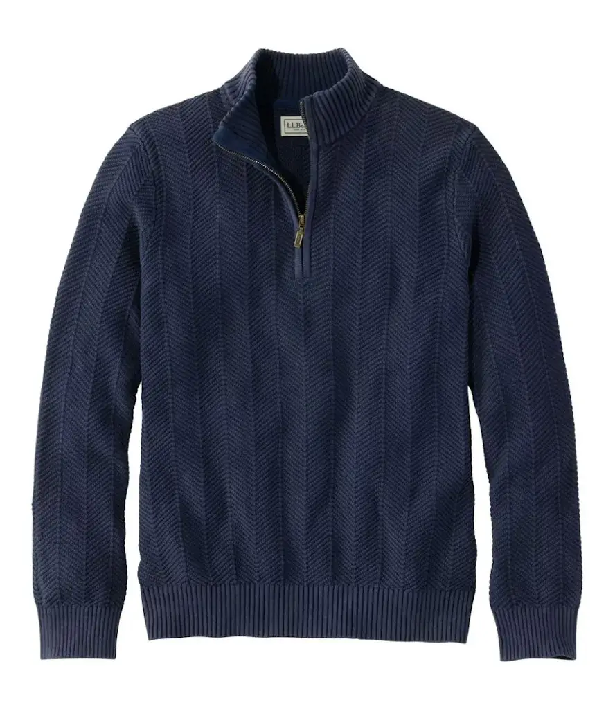 L.L.Bean Men's Sunwashed Textured Cotton Herringbone 1/4 Zip Sweater