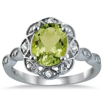 SZUL: 2.15 Carat Oval Peridot and Diamond Ring in .925 Sterling Silver
