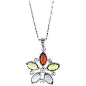 Netaya: 2.25 Carat tw Multicolor Gemstone Flower Pendant in Sterling Silver with Chain