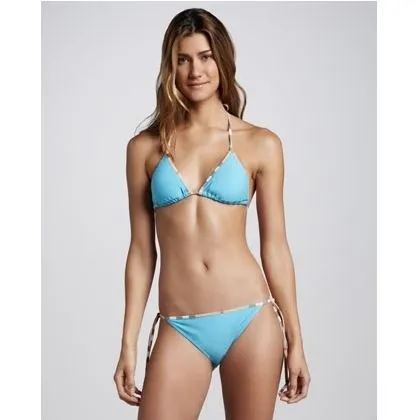 Burberry Check-Trim String Bikini Swimsuit, Turquoise 