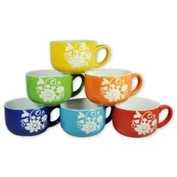 Set of 6 Large-Sized 14 Ounce Colored Ceramic Coffee & Soup Mugs