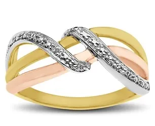 Jewelry.com: Three Band Ring with Diamond in 18K Rose and Yellow Gold over Sterling Silver