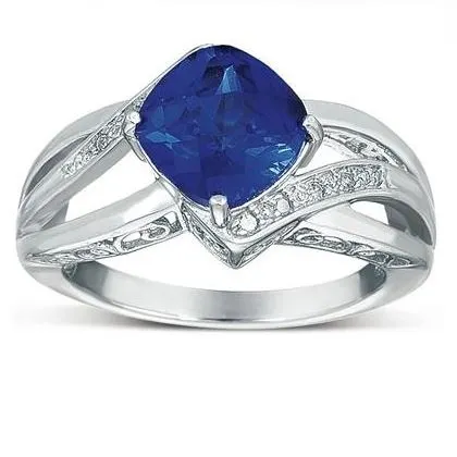 Cushion-Cut Created Blue Sapphire & Genuine Diamond Ring