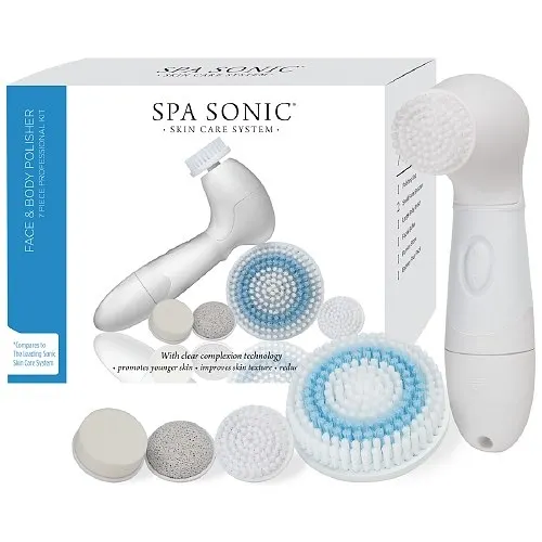 Spa Sonic Skin Care System Face & Body Polisher - 7 Piece Professional Kit, White