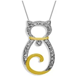 Cat Pendant with Diamond in Sterling Silver with 18K Gold Overlay