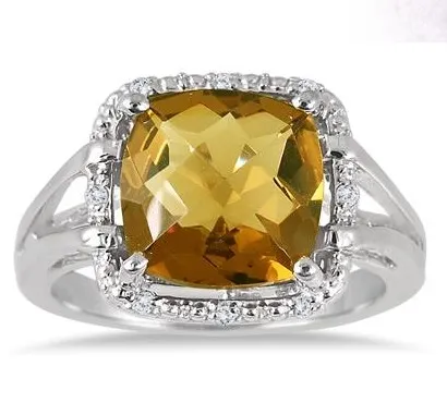 3.75 Carat Natural Honey Quartz and Diamond Ring in .925 Sterling Silver