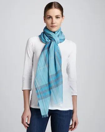 Burberry Giant-Check Gauze Scarf, Turquoise 