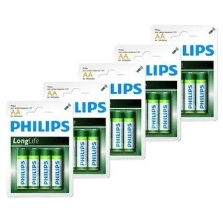 20-Pack Philips Long-Life Zinc Carbon Batteries (5 X 4 Retail Packs)