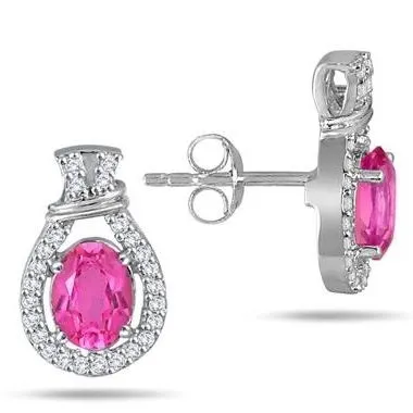 1.8 Carat Oval Pink Topaz & Diamond Earrings in .925 Sterling Silver