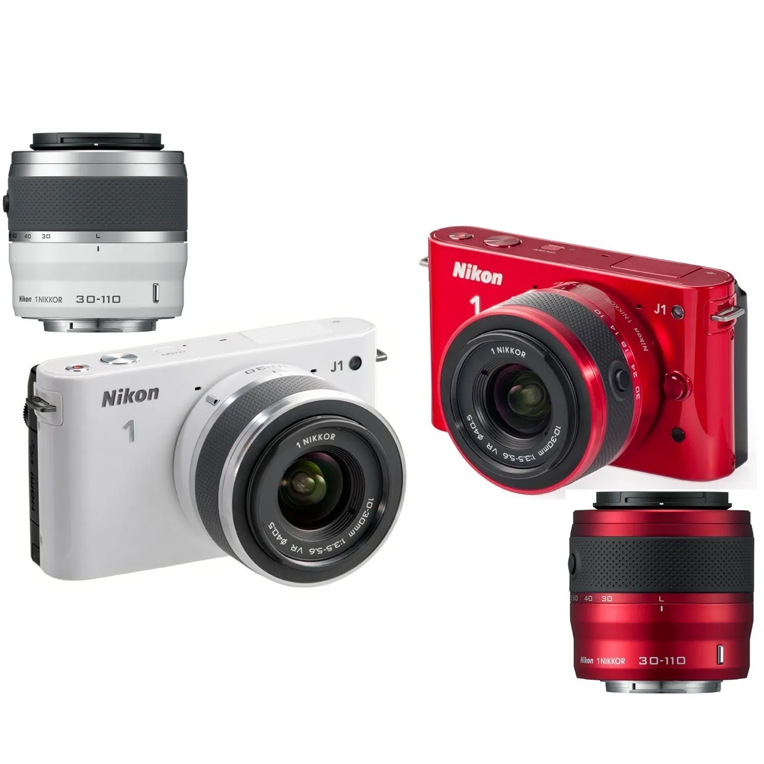 Nikon J1 10.1MP Digital Camera White/Red Kit, Refurbished, w/10-30mm, 30-110mm Lens, Case, 4GB