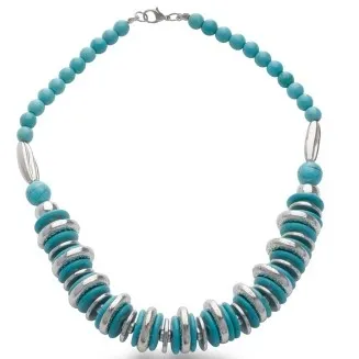 Trendy Turquoise Disc and Silver Tone Beaded Necklace, 18 Inches