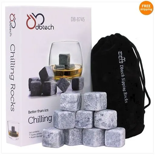DB-Tech Whisky Chilling Rocks - Set of 9 Grey Stones - 100% Pure Soapstone+Pouch