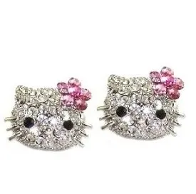SYM Large 3/4" Crystal Swarovski Stud Kitty Earrings w/ Pink Flower Bow - Silver Plated
