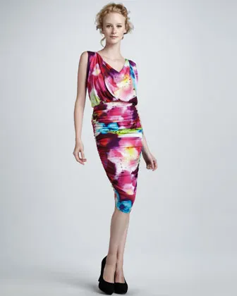 Alice + Olivia Draped-Neck Dress with Ruched Skirt 
