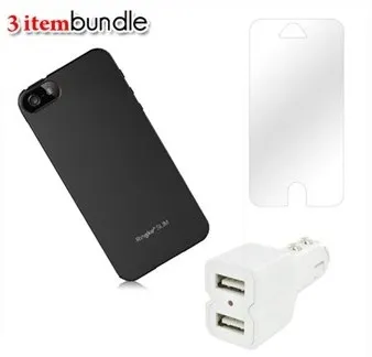 Apple iPhone 5 Essential Bundle w/ Rearth Ringke Slim Black Rubberized Hard Case, Screen Protector, & Trident Dual USB Car Charger Adapter