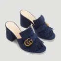 GUCCI GG Mid-Heel Fringed Marmont Mules in Blue