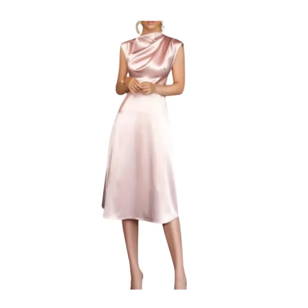 JUSTFASHIONNOW Half Turtleneck Silk Satin Simple Plain Dress