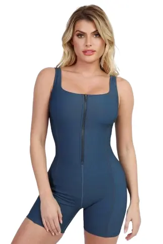 Shapewear Denim Square Neck Zip Front Sculpting Romper