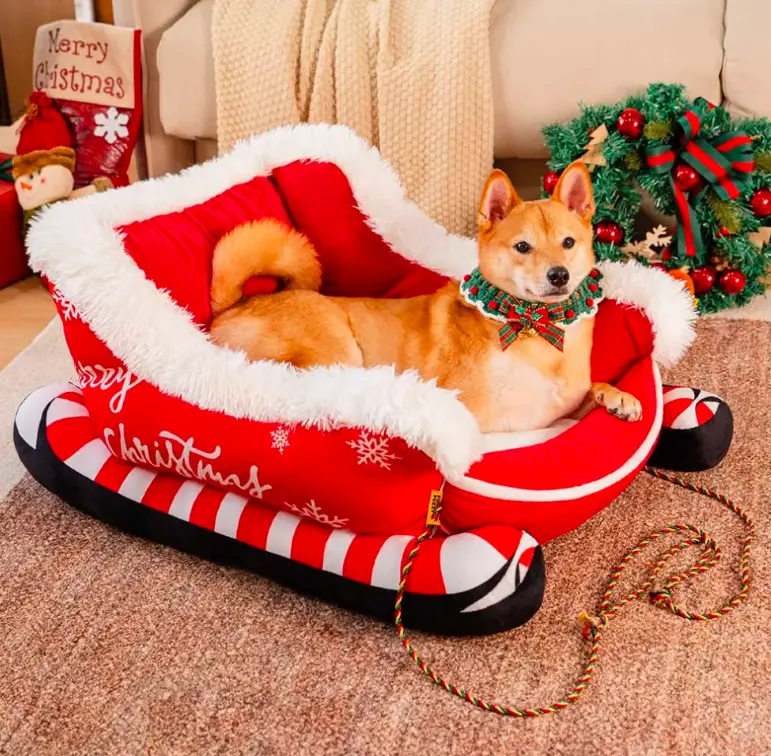 Festive Plush Cosy Dog Bed - Christmas Sleigh