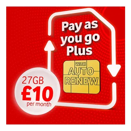 Vodafone Ltd - Pay as you go SIMs: Get 27GB for £10 for 3 Months