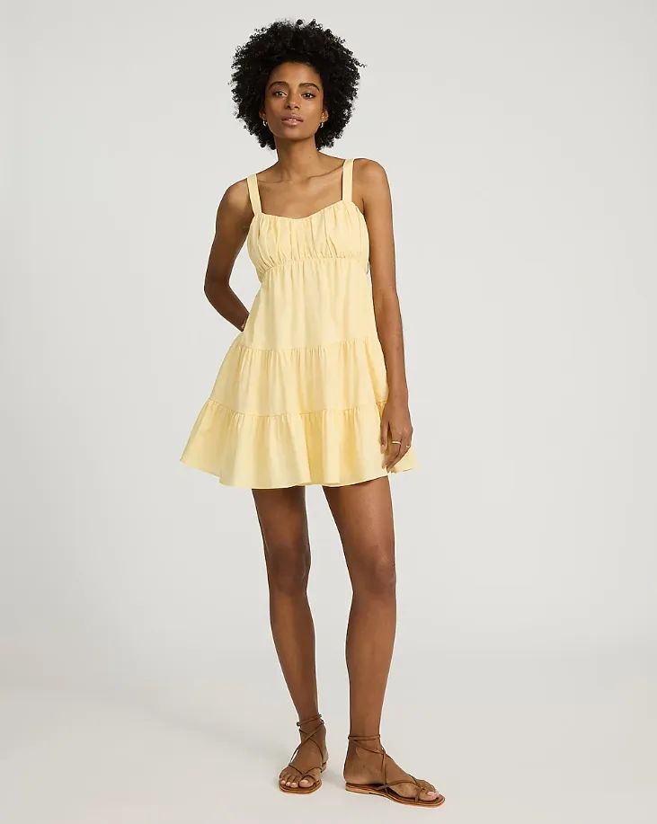 Linen-Blend Ruched Sleeveless Tiered Mini Dress