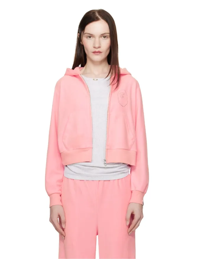 BAPE Pink Crystal Stone Ape Head Velour Hoodie