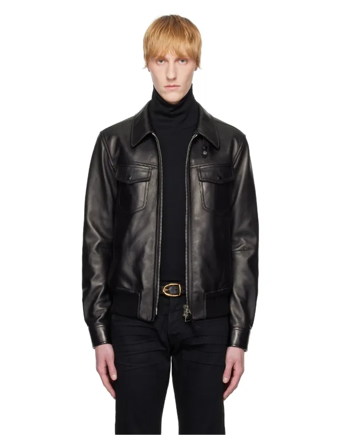 TOM FORD Black Nappa Grain Collar Leather Jacket