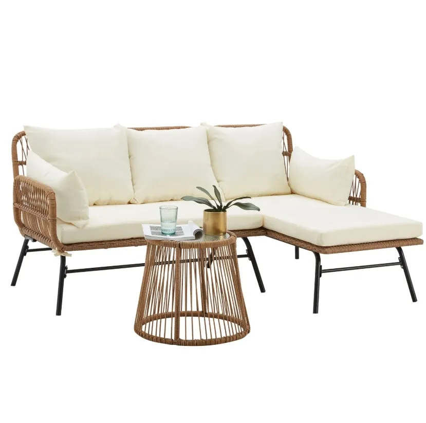 3-Piece Patio L-Shaped Sofa Set with Cushions & Glass Coffee Table