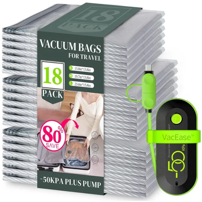 Vacbird 18 Pack Vacuum Bags for Travel with USB Pump