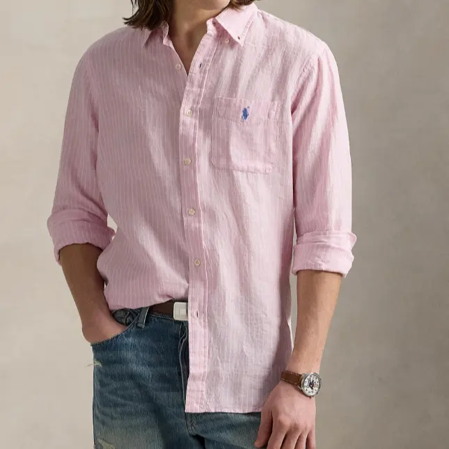 仅剩大码！Polo Ralph Lauren 拉夫劳伦竖条纹粉白衬衫