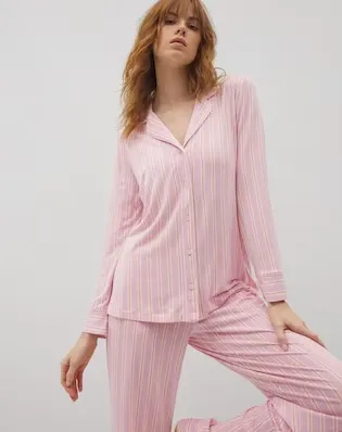 Long-Sleeve Printed Notch Collar Pajama Top