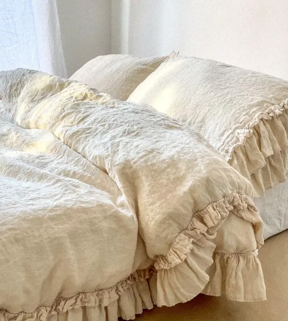 Linen Duvet Cover Set with Double Ruffles