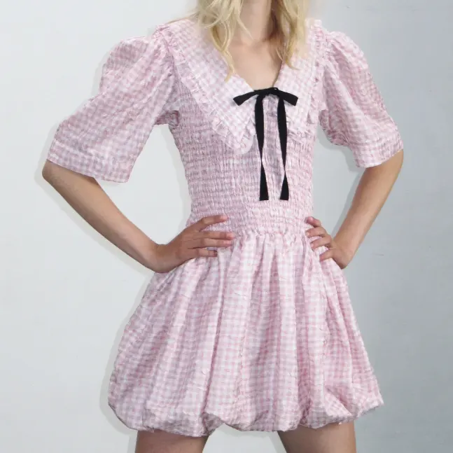 断码捡漏！GANNI 饰蝴蝶结格纹连衣裙