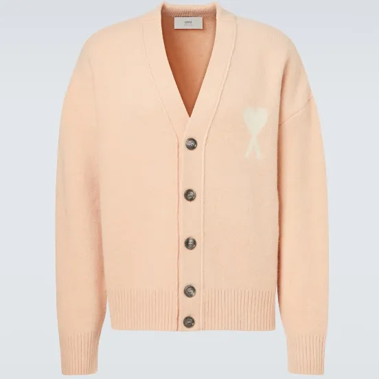 AMI PARIS 爱心徽标粉色V领开衫