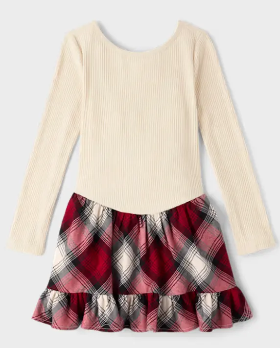 女童格子纹罗纹低腰连衣裙 - 红色
