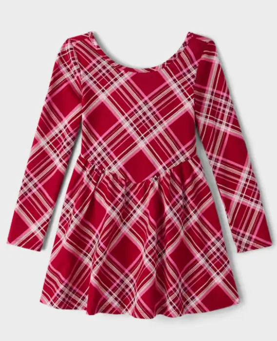 女童格子纹V领连衣裙 - 红色