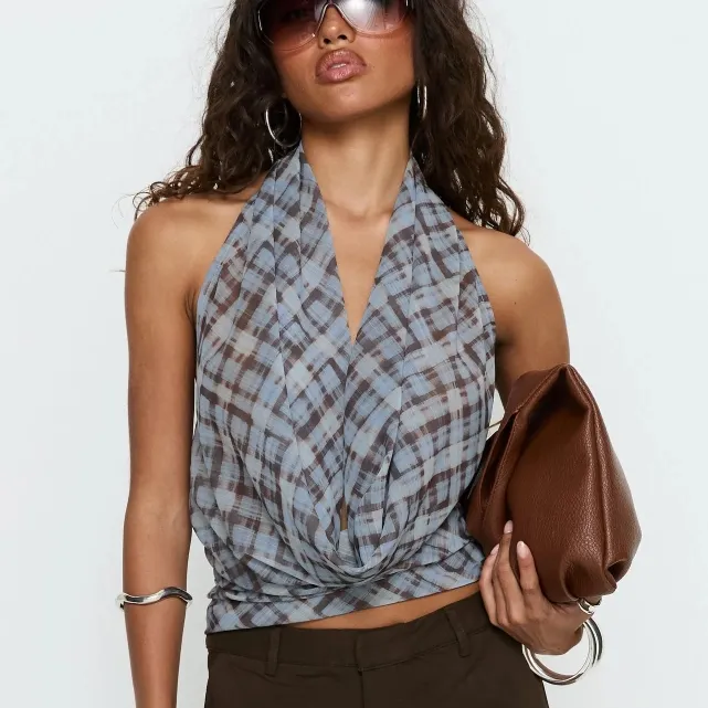 PRINCESS POLLY ALDANA 深V蓝色格纹上衣